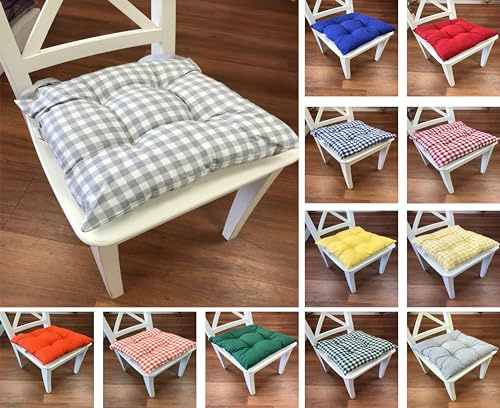 Tropik Home Colourful Seat Pads, Garden Kitchen Dining Chair Cushions Tie On (Grey Gingham)