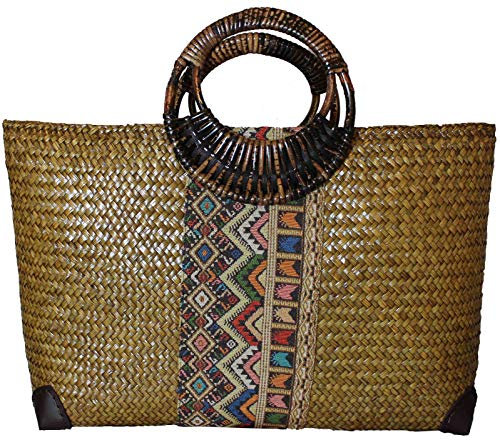 Rotfuchs Damentasche Handtasche Strohtasche Einkaufstasche Strandtasche Handgefertigt aus Schilf (beige) 50 cm