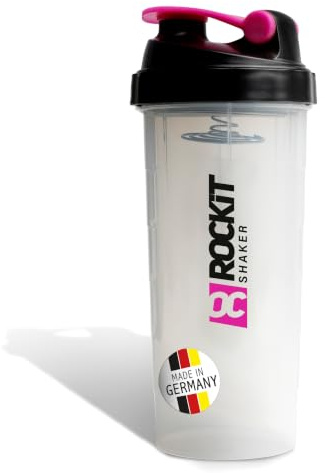 ROCKITZ Protein Shaker | Made in Germany - garantiert auslaufsicher | patentiertes Mischsystem | Shaker Proteinpulver - Eiweiß Shaker | Fitness Trinkflasche | BPA frei (Transparent | Pink, 900ml)