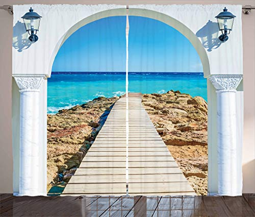 ABAKUHAUS Küsten Rustikaler Gardine, Meer mit einem Quay Coast, Schlafzimmer Kräuselband Vorhang mit Schlaufen und Haken, 280 x 175 cm, Creme Aqua