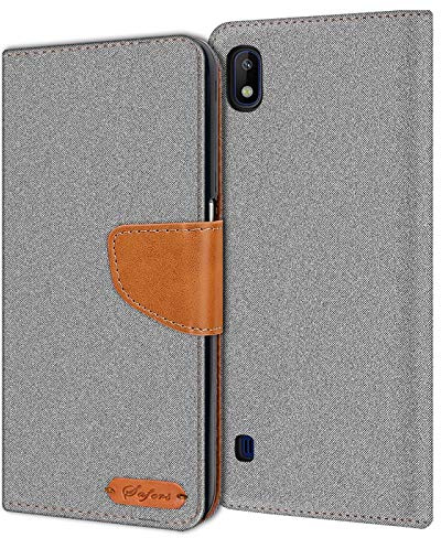 Verco Coque pour Galaxy A10, Étui Portefeuille Compatible avec Samsung Galaxy A10 Case Textures de Fibre Housse de Protection, Gris