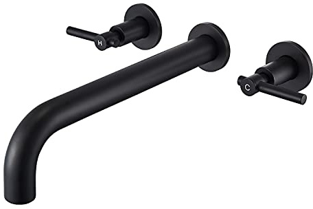 Wowkk Wall Mount Tub Filler Black Tub Faucet Brass Bathroom Bathtub Faucets with 2 Handles