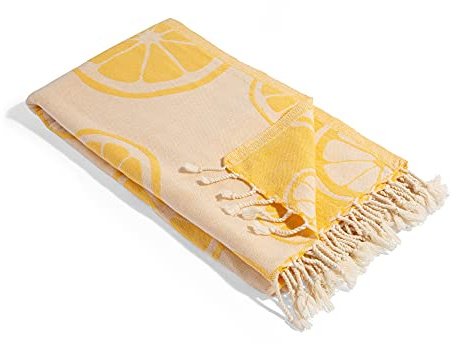 InfuseZen Turkish Bath & Beach Towel – 69 x 39 - Reversible Citrus Print - 100% Organic Turkish Cotton - Soft, Lightweight, Absorbent Peshtemal - Quick Dry, Sand Free - Pool, Gym - Lemon