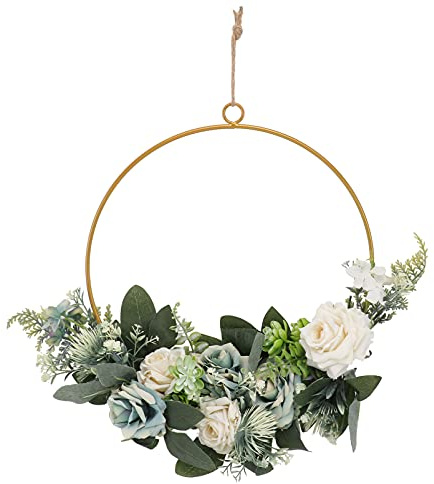 PRETYZOOM Künstliche Eukalyptus Kranz Metallring Kranz Künstliche Rosen Blumen Kranz Metall Girlande Türkranz Wandkranz Wanddeko Frühling Hochzeit Deko Garten Türhänger Türdeko 40cm