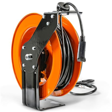 SuperHandy Extension Cord Reel Retractable 12AWG x 80' Foot 3C SJTOW Cable Triple Tap Connector Power Rating 125 Volt AC 15 Amp 1875 Watt Industrial Steel Single Arm