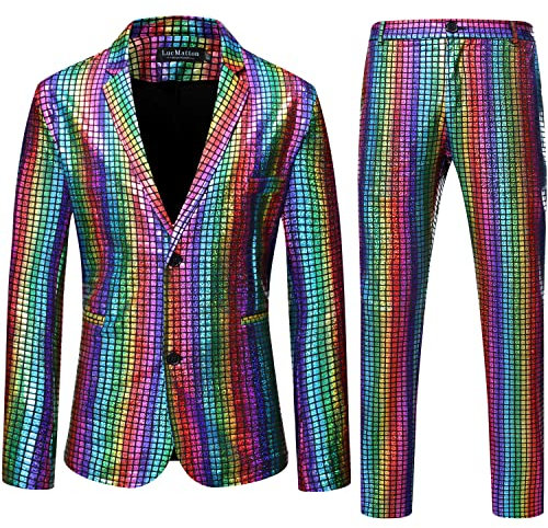 LucMatton Herren 2-teiliges Disco-Set, glänzende Jacke und Hose, metallische Pailletten, mehrfarbig, L