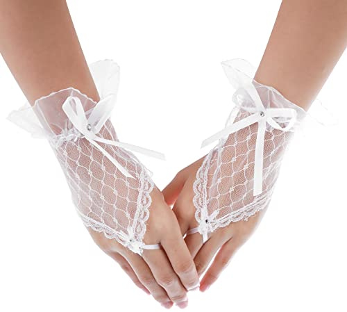 Guantes de Encaje para Novia Guantes Cortos sin Dedos con Lazo Guantes de Red para Damas Banquete de Boda Fiesta (blanco)