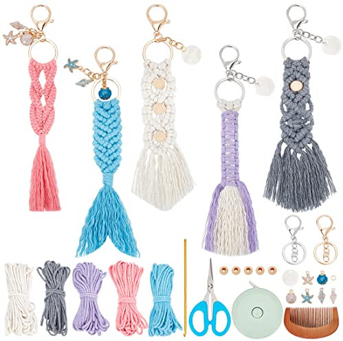 INFUNLY 5 Set Makramee-Set Mit Meeresmotiven Für Erwachsene DIY-Makramee-Armband-Schlüsselanhänger-Kits Makramee-Boho-Schlüsselanhänger Mit Anleitung Für Autoschlüssel Brieftaschen-Anhänger