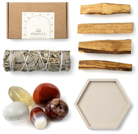 BESOULS Premium Räucherset hausreinigung Innere Stärke:4-6 Palo Santo Räucherholz 1 Weißer Salbei zum Räuchern 5 Steine Energie Handgefertigtes Tablett QR mit digitalem Inhalt (Innere Stärke)