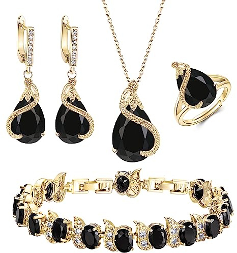 Ever Faith Women's Jewelry Set Black Jewellery Sparkly Cubic Zirconia Birthstone Teardrop Necklace Earring Bracelet Ring Sets for Women Birthday Gifts 4 PCS Gold-Tone