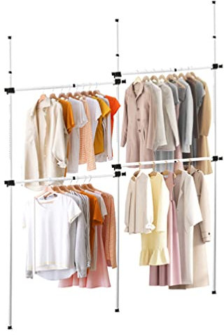 BAOYOUNI Teleskop Garderobe System Kleiderständer DIY Garderobenständer Verstellbares Ordnungssystem mit 4 Kleiderstangen und 3 Teleskopstange Breite (140-220) x Höhe (110-310) cm, Weiß+Schwarz