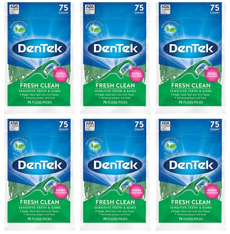 DenTek Fresh Clean Floss Picks, for Extra Tight Teeth, 75 Count, (Pack of 6)