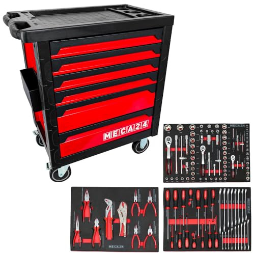 MECA24 Servante Pro 6 tiroirs - 3 tiroirs équipés 112 Outils - Fermeture sécurisée - 2 roulettes avec Freins - Capacité par tiroir 30kg