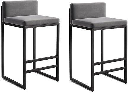 Moderne Rückenlehne Barstuhl 2er Set, grau gepolstert mit schwarzen Metallbeinen, Küche Frühstück Hochhocker, Sitzhöhe 65cm
