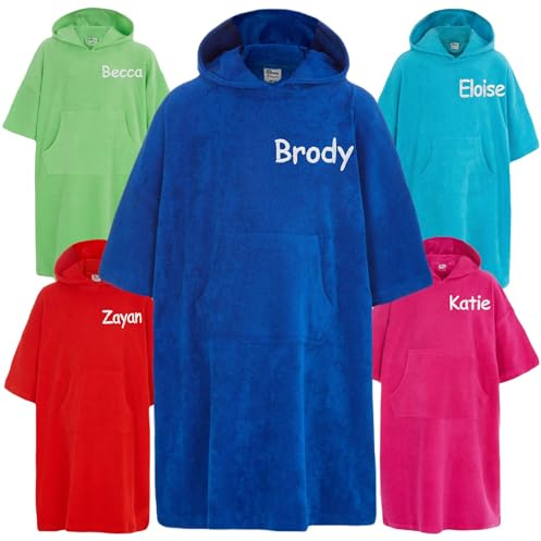 Gembroidery Personalised Hooded Poncho 100% Cotton Kids Towelling Changing Robe Childrens Bath Towel with Pocket For Beach, Swimming, Surfing Gift for Boys and Girls (Royal Blue 8-13 Years)