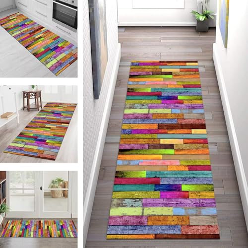 Teppich Läufer Küche Flur Teppichläufer Lang Mehrfarbig Küchenteppich Rutschfest Waschbar Geometrisch Teppich Meterware 80X140CM Küchenläufer Teppichmatten Wohnzimmer Schlafzimmer Breite 40-120cm