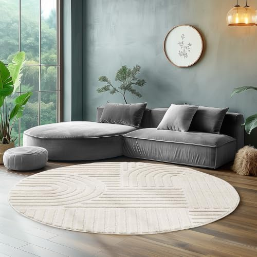SIMPEX Teppich Rund 200 cm Creme, Hochflor Wohnzimmer Teppich, Weich & Flauschig, Skandinavisch Boho Stil, Langflor Shaggy, Pflegeleicht, Jute Rückseite