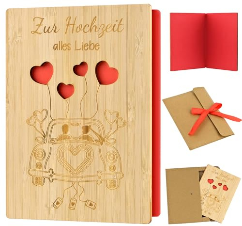 Ausgefallene Karte zur Hochzeit, Hochzeitskarte Holz mit Umschlag mit Band | Karte Hochzeit Geldgeschenk Hochzeitskarten Glückwunschkarten mit Liebe Hochzeitsbillet mit Hochzeitsauto Hochzeitsgrußkarten