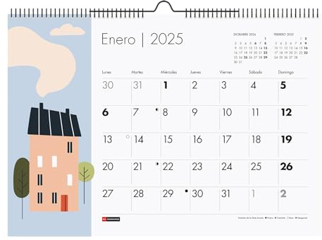 Miquelrius - Väggkalender 2025, A3-kalender: 420 x 296 mm, med plats att kommentera, kalender 2025, dubbel spiralbindning, årlig hängkalender, spansk, husdesign