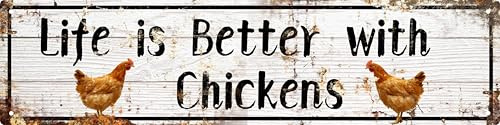AWISZZZ Metal Tin Signs Life is Better with Chickens Signs Farm Chickens Door Accessories Wall Decor Vintage Retro Art Plaque for Bedroom Kitchen Garden Pub Club Coffee Hanging Decor 4x16 In