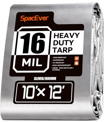 SpacEver 10x12 FT Tarp Waterproof, 16 Mil Tarps Heavy Duty Waterproof Multipurpose Protective Cover UV Resistant Rip & Tear Resistant with Grommets Reversible for Home Boats Cars Camping