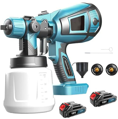 Pistola a spruzzo elettrica a batteria, con batteria da 2 x 3 Ah e caricabatterie,pistola a spruzzo elettrica da 1000 ml, 3 modelli di spruzzatura Airless