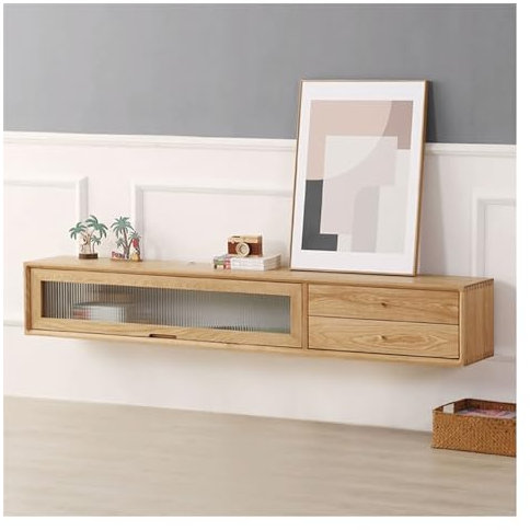 TV Schrank Hängend Wandhängender TV-Ständer, an der Wand montierter schwebender TV-Schrank mit 2 großen Schubladen und einem offenen Regal mit Glastür, TV-Konsolentisch, hängende Schränke for Unterhal