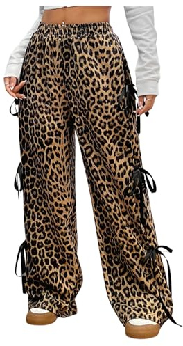 WDIRARA Girl's Leopard Print Bowknot Wide Leg Pants Y2k Elastic Waist Baggy Pants Brown 11Y