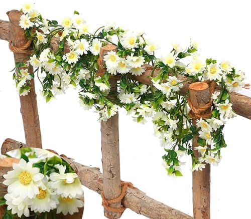 6.9FT Artificial Daisies Flowers Garland Vine, Fake Flowers Cherry Blossom Spring Garland, Silk + Plastic Fake Hanging Flowers for Wall Party Wedding Arch Floral Decor Home (White)