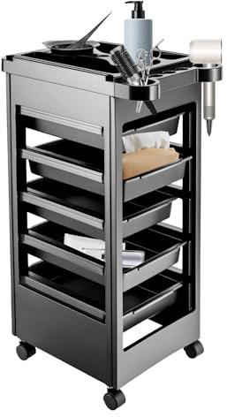MEHOOSPVN Frisörvagn, salongsvagn med 5 utdragbara lådor frisörvagn för stylist frisör hårstyling, kosmetisk vagn 50 x 32 x 81 cm, skönhetssalongvagn, arbetsvagn frisörpojke, svart