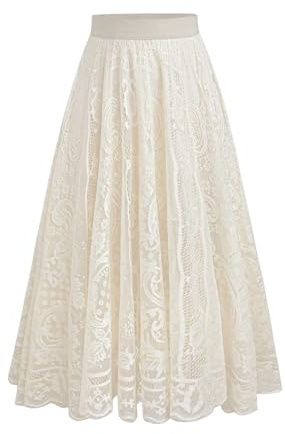 Verdusa Women's Plus Size Lace Long Skirts Elastic A Line Flowy Skirt Renaissance Maxi Skirt Apricot X-Large Plus