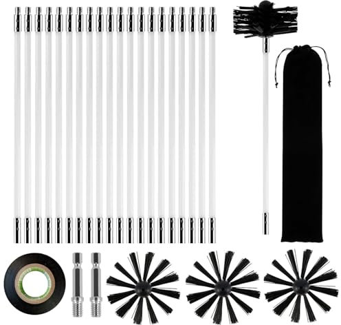 27PCS Kaminbürste Stange Set,Kaminbürste 150mm,Kaminrohr Reinigungsbürste,Schornstein Reinigungsbürsten Kit,mit 20 Flexible Stangen 410mm,3 Bürstenkopf,1 Bohrverbinder+Zubehör, für Kamin Trockner