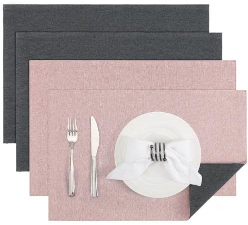 Banchif Tischsets abwaschbar doppelseitig Platzset Platzdecken abwaschbar | Platzsets abwaschbar Leinenimitat 4er Set doppelseitige Tischsets maschinenwaschbar rechteckig Platzdecken (Grau-Rosa)