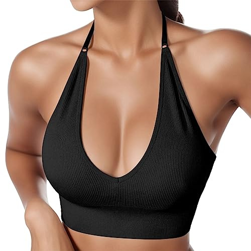 Sonnena 2025 - SujetadorS deportivo con cuello halter para mujer, sin espalda, cuello en V profundo, sujetador deportivo, acolchado, sexy gimnasio, push-up, sin espalda, tirantes ajustables