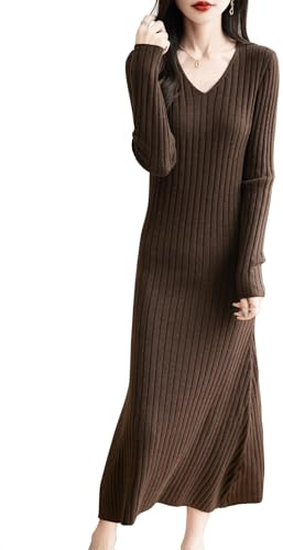 Ciovkis Women's Merino Wool Blend Sweater Dress 2025 Fall Winter V-Neck Long Sleeve Ribbed Cocktail Bodycon Knit Maxi Dress (Coffee,S)