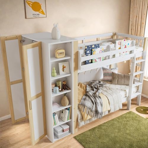 OOIILLEE Letto a castello 90x200 con armadio, 6 ripiani aperti, protezione anticaduta, barriere e scala a 4 gradini, 2 posti, pino, bianco+naturale