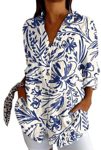 Chemise Femme Grande Taille- Tee Shirt Manche Longue ImpriméE Décontracté à Revers Ample Basiques D'été Nouvelle Chic Et Élégants Blouse Comfortable Extérieur De Tous Les Jours Haut