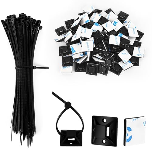 Black Wire Clips Cable Zip Tie Mount Base, 100Pcs Zip Tie Self Adhesive Mounts 25×25mm and 150mm Protection Cable Ties, Cable Management Wire Ties Base Holder for Home Office Garden