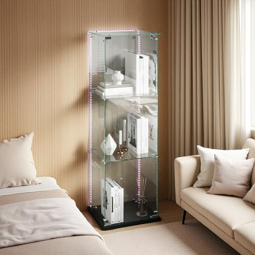 Glasvitrinskåp med LED, 3 lager stående vitrinskåp, 1 dörr glas vitrinskåp, stående glasvitrinskåp, stående med lås, ramlös full sikt vitrinskåp, samlarvitrin för levande sömn (svart + LED, 39,8 x 35