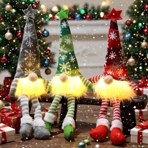 3 Stück beleuchteter Weihnachtszwerg, Wichtel aus Plüsch, Dekoration Gnom, Mini-Weihnachtselfe, kleine Figuren, skandinavischer Zwerg, handgefertigt, für Dekoration und Tisch, für Innendekoration