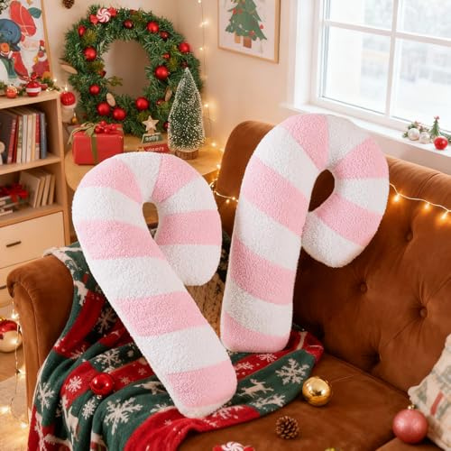Lanpn 2 Stück Zuckerstangen Weihnachtskissen, Lang Lutscher Weihnachts Kissen Dekokissen Flauschiges Zierkissen für Geschenk Party Bett Sofa Couch Innenbereich Dekoration (Rosa, 55,5x35,5cm)