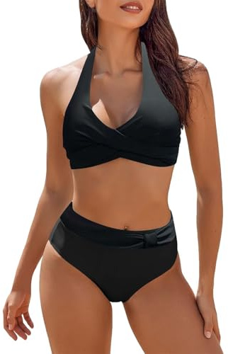 Dam magkontroll bikini set – tvådelad baddräkt med korsad topp och hög midja botten – vintage tryck baddräkt, Svart, L