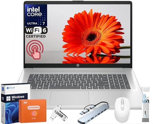 HP 17.3 inch Touchscreen Laptop, Intel Ultra 7 255U 12-Core(Beat Ultra 7 155H), 32 GB DDR5, 1 TB SSD, HD+ 250 nit Display, Copilot AI, Backlit KB, Long Battery, Wifi 6, Windows11 Pro, w/RH-Accessories