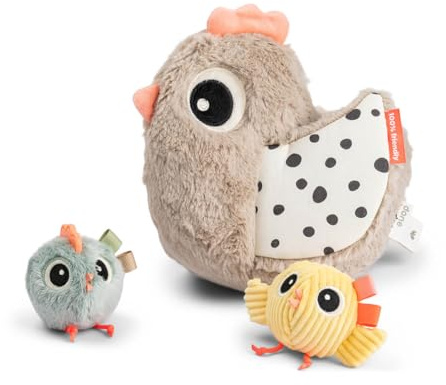 Done by Deer Versteck- & Entdecker-Spielzeug – Clucky – Sand | Sensorisches Motorikspielzeug für Babys ab 6 Monaten | Mit Küken, Spiegel & Beißring | Fördert Feinmotorik & Neugier