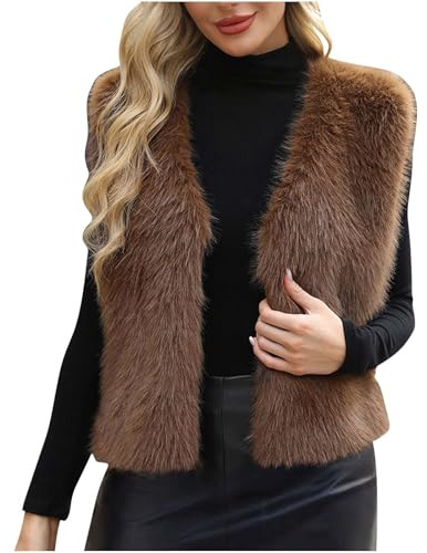 Gilet en fausse fourrure pour femme – Gilet moelleux à poils longs, cardigan court sans manches ouvert sur le devant, gilets d'hiver chauds, boléro léger et épais, veste thermique de couleur unie