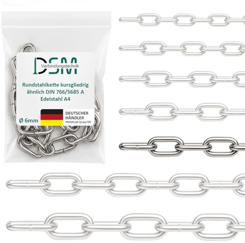 DSM – Rundstahlkette 6 mm Ø – kurzgliedrig DIN 766 – Edelstahl A4 – 3 m | 1 Stück Meterware – Bruchlast 1630 kg [TrueSpec Präzision] Edelstahlkette rostfrei für Garten, Boot, Werkstatt & Dekoration