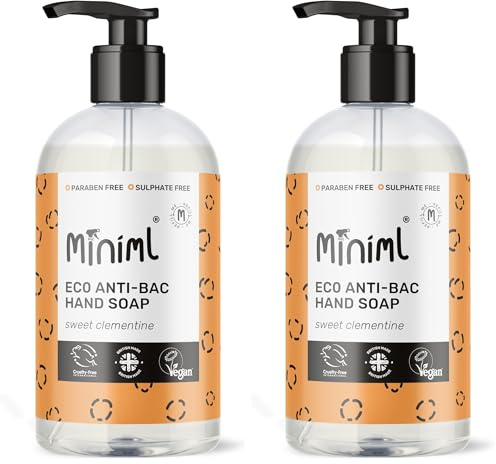 Miniml Antibacterial Hand Wash Soap 500ml - Natural Clementine Scented Eco Friendly Hand Washing Liquid Gel for Soft and Sensitive Skin Care - 100% Vegan & Cruelty Free (Pack of 2)