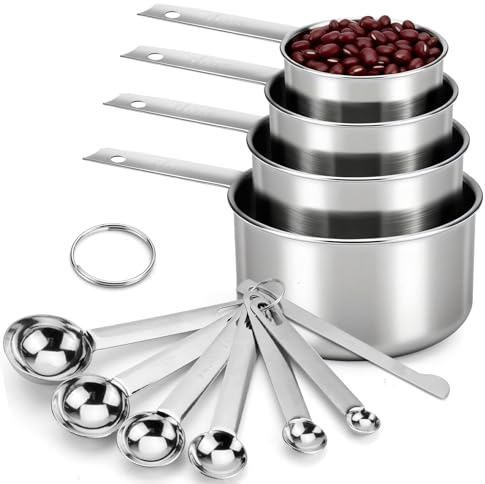 WJMY 11 Stück Messlöffel Set edelstahl measuring cups und spoons mit Lineal, Stapelbar cup messbecher set Klein dosierlöffel Cups/ML/TSP gadgets für Backen, Kochen