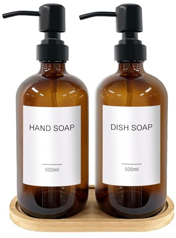La Llareta 2 Stück Glas Seifenspender Braun 500ml, Spülmittelspender Küche & Handseifenspender, mit 304 Edelstahl-Pumpkopf, Holztablett und 2*Aufklebern, für Küche, Badezimmer