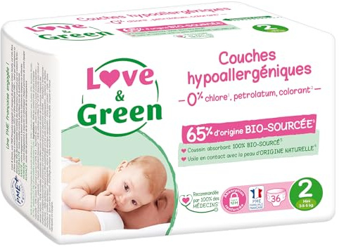 Love & Green Hälsosamma och ekologiska babyblöjor - storlek 2 (3–6 kg) - 36 blöjor - absorberande, läckagesäker och fri från oönskade ingredienser